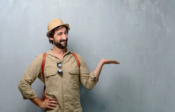 Young Traveler Man Tourist Smiling Satisfied Expression Showing Object Concept — Stock Photo, Image