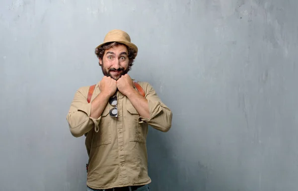 Young Traveler Man Tourist Happy Surprised Expression Eyes Wide Open — Stock Photo, Image