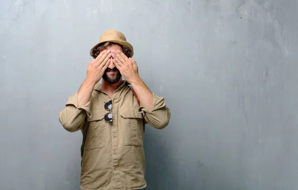 Young Traveler Man Tourist Serious Scared Frightened Expression Covering Eyes — Stock Photo, Image