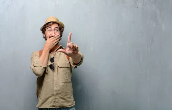 Young Traveler Man Tourist Gesturing Loser Fingers Mockingly Happy Proud — Stock Photo, Image