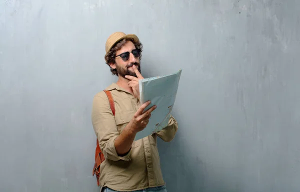 Young Traveler Man Map Leather Bag — Stock Photo, Image