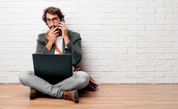 Young Bearded Businessman Sitting Floor Laptop — Stock Photo, Image