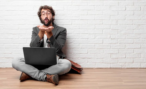 Young Man Sitting Floor Sending Flying True Love Kiss Showing — Stock Photo, Image