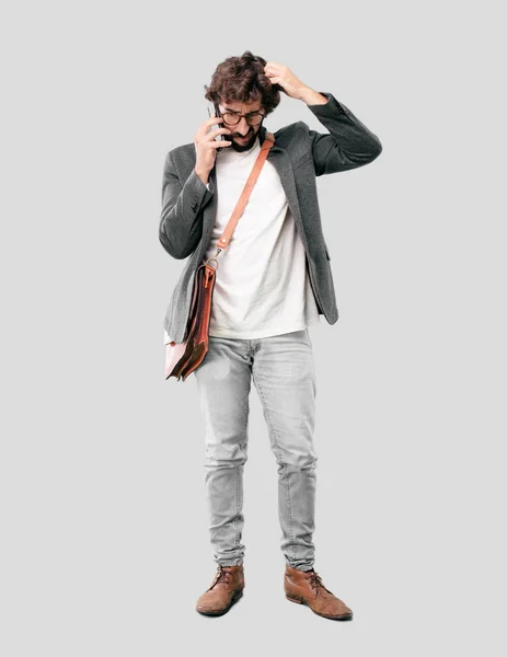 Young Bearded Businessman Wearing Blazer Using Smartphone — Stock Photo, Image