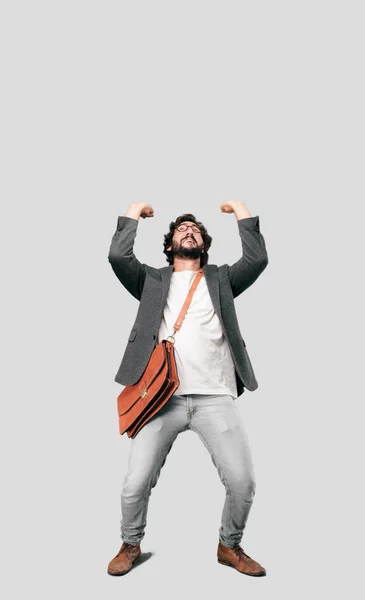 Νέος Γένια Επιχειρηματίας Φορώντας Σακάκι Ωθώντας Κίνηση Ένα Άδειο Κενό — Φωτογραφία Αρχείου