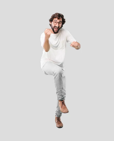 Young Bearded Businessman Wearing Blazer Jumping Success Victory Expression — Stock Photo, Image