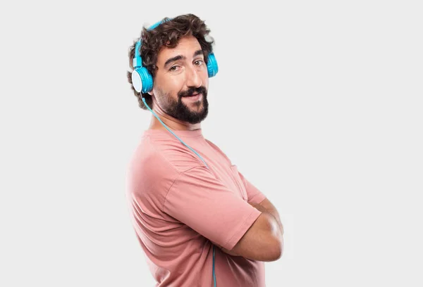 Young Bearded Man Standing Sideways Proud Satisfied Happy Look Face — Stock Photo, Image