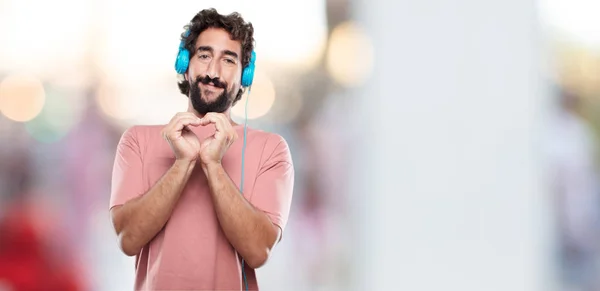 Jonge Bebaarde Man Lacht Zoek Gelukkig Verliefd Waardoor Vorm Van — Stockfoto