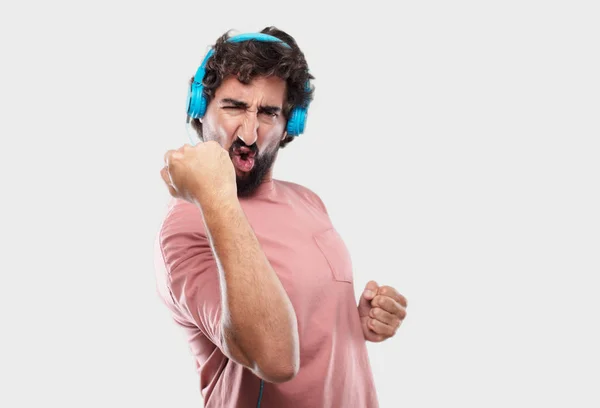 Joven Barbudo Haciendo Gestos Victoria Con Una Mirada Feliz Orgullosa — Foto de Stock