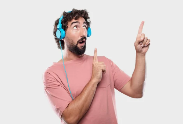 Young Bearded Man Smiling Pointing Upwards Both Hands Place Publicist — Stock Photo, Image