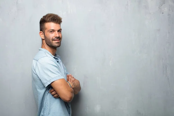 Young Handsome Man Standing Sideways Proud Satisfied Happy Look Face — Stock Photo, Image