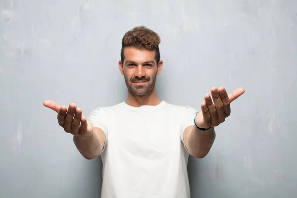 Young Handsome Man Smiling Proud Satisfied Happy Look Welcoming Gesture — Stock Photo, Image