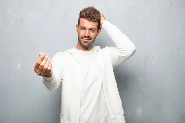 Jonge Knappe Man Zoek Triest Ongerust Absoluut Met Lege Handen — Stockfoto