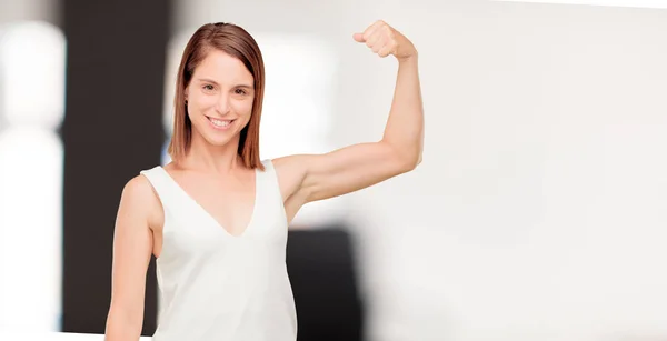 Young Pretty Woman Full Body Strong Sign — Stock Photo, Image