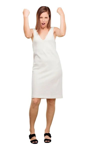 Young Pretty Woman Full Body Strong Sign — Stock Photo, Image