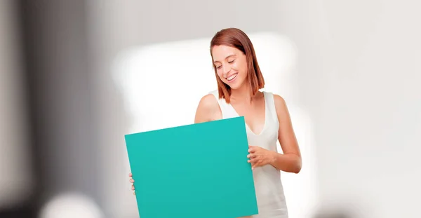 Young Pretty Woman Holding Placard Copy Space — Stock Photo, Image