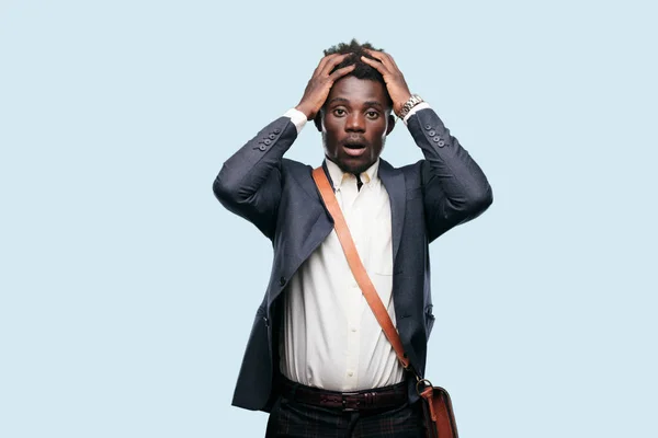 Young Black Businessman Shouting Crazy Amazed Look Surprise Holding Head — Stock Photo, Image