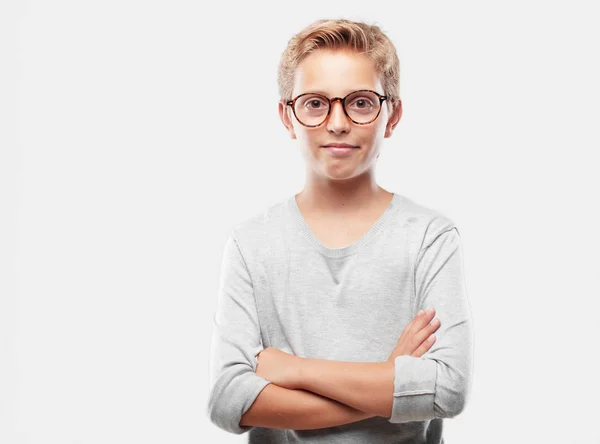 Young Blonde Handsome Boy Satisfied Happy Look Her Face Smiling — Stock Photo, Image