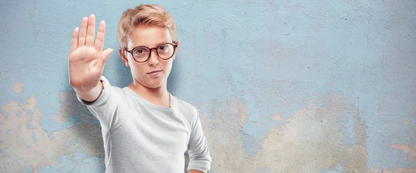 Young Blonde Handsome Boy Signaling Stop Palm Hand Facing Forward — Stock Photo, Image