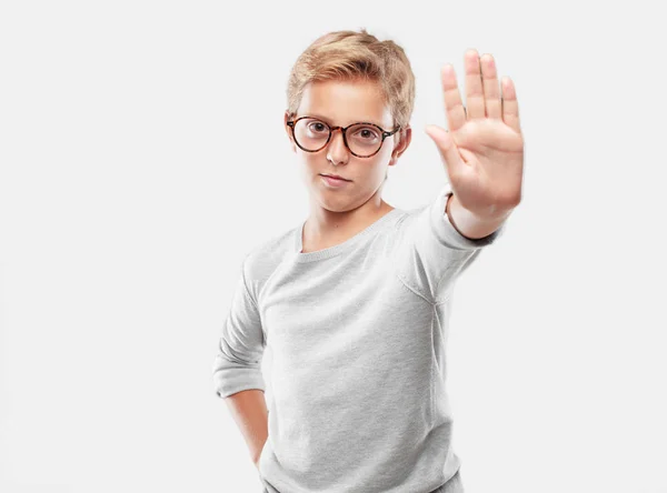 Young Blonde Handsome Boy Signaling Stop Palm Hand Facing Forward — Stock Photo, Image