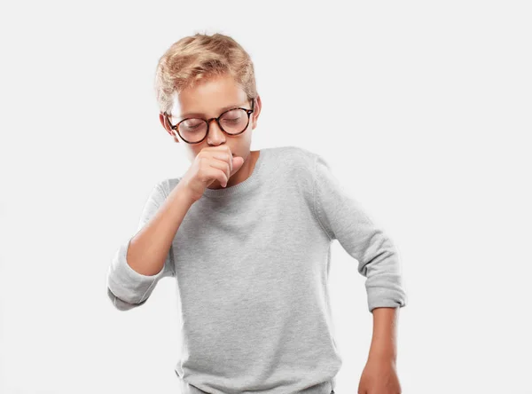 Young Blonde Handsome Boy Coughing Suffering Winter Illness Cold Flu — Stock Photo, Image