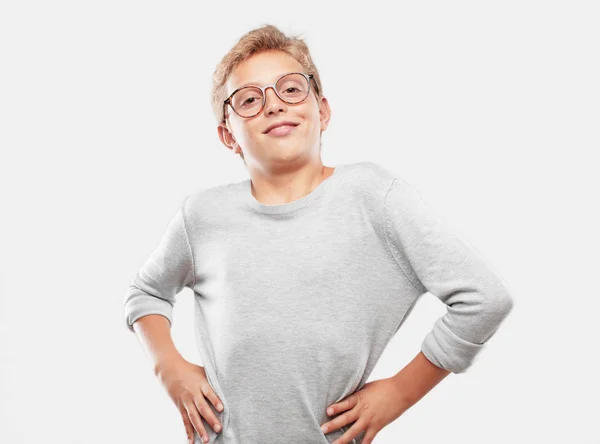 Young Blonde Handsome Boy Smiling Proudly Confidently Arms Hands Hips — Stock Photo, Image