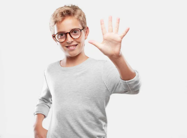 Young Blonde Handsome Boy Smiling Looking Satisfied Happy Counting Number — Stock Photo, Image