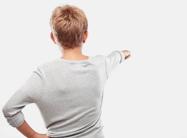 Young Blonde Handsome Boy Back View Hand Hip Scratching Head — Stock Photo, Image