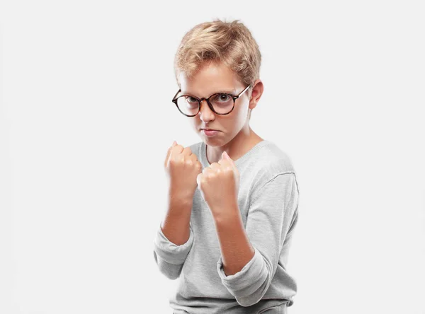 Young Blonde Handsome Boy Angry Aggressive Menacing Pose Ready Fight — Stock Photo, Image