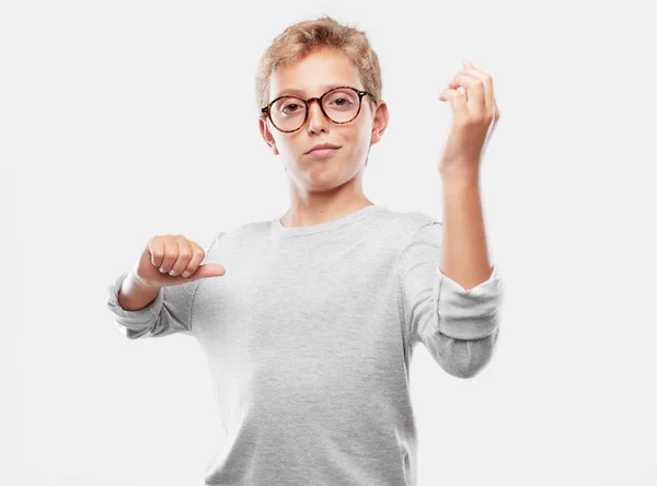 Jovem Loira Bonito Menino Olhando Feliz Orgulhoso Satisfeito Gesticulando Dinheiro — Fotografia de Stock