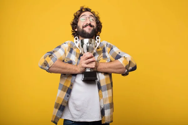 Jovem Louco Louco Homem Tolo Posar Com Troféu — Fotografia de Stock