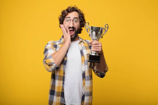 Young Crazy Mad Man Fool Pose Trophy — Stock Photo, Image