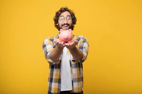 Young Crazy Mad Man Fool Pose Piggy Bank Savings Concept — Stock Photo, Image