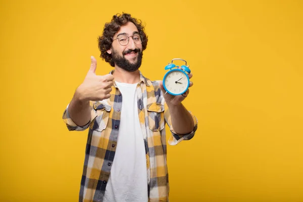 Young Crazy Mad Man Fool Pose Timer Alarm Clock — Stock Photo, Image