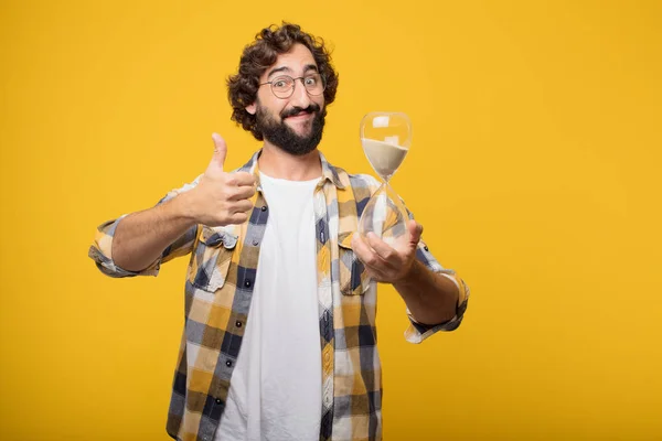 Young Crazy Mad Man Fool Pose Timer Alarm Clock — Stock Photo, Image