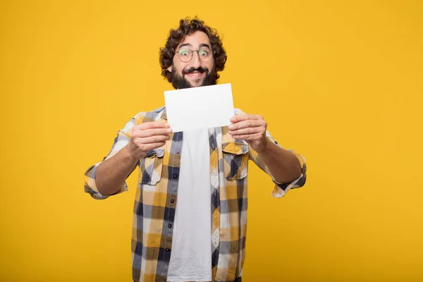 Ung Galen Galen Man Fool Pose Håller Ett Plakat — Stockfoto