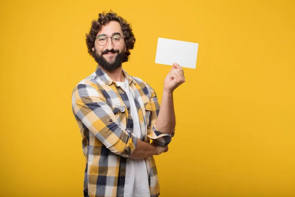 Young Crazy Mad Man Fool Pose Holding Placard — Stock Photo, Image