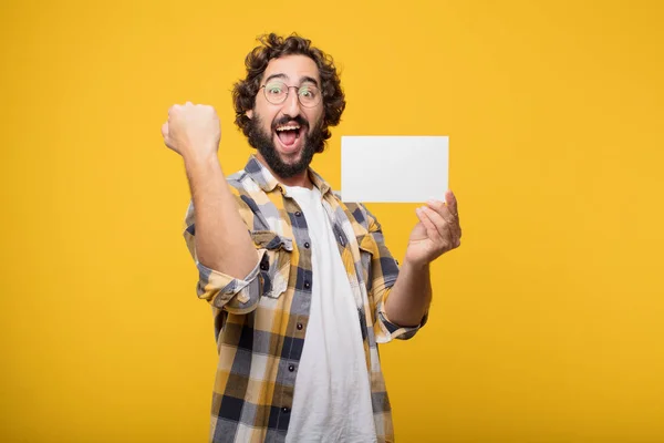Young Crazy Mad Man Fool Pose Holding Placard — Stock Photo, Image