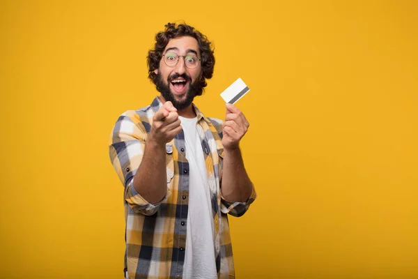 Young Crazy Mad Man Fool Pose Credit Card Cash Money — Stock Photo, Image