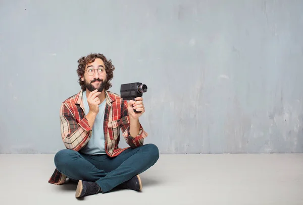 Young Crazy Mad Man Fool Pose Vintage Cinema Camera — Stock Photo, Image