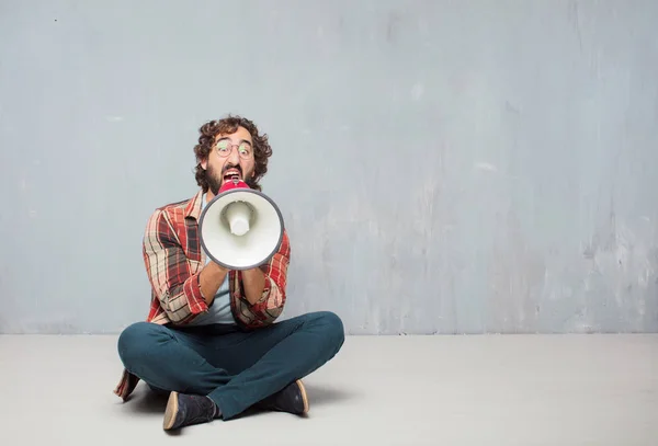 Young Crazy Mad Man Fool Pose Megaphone Announcement Concept — Stock Photo, Image