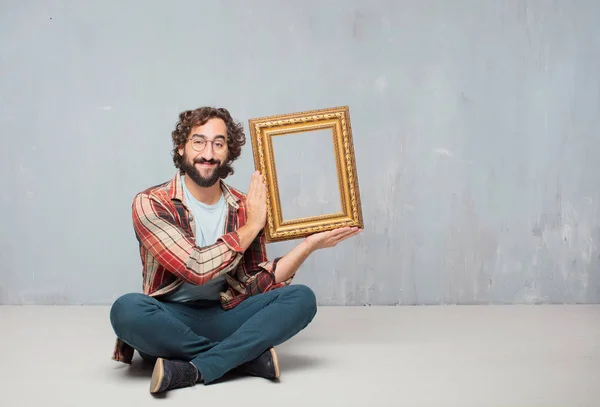 Young Crazy Mad Man Fool Pose Holding Baroque Frame — Stock Photo, Image