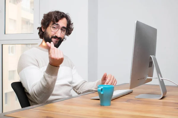 Young Bearded Crazy Freelancer Working His Computer — Stock Photo, Image