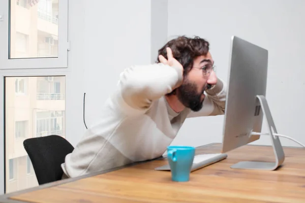 Young Bearded Crazy Freelancer Working His Computer — Stock Photo, Image