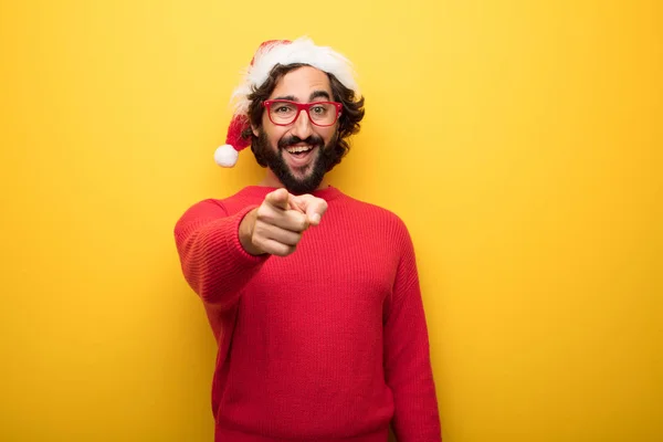 Young Crazy Bearded Man Wearing Red Glasses Santa Claus Hat — Stock Photo, Image