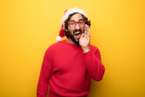 Young Crazy Bearded Man Wearing Red Glasses Santa Claus Hat — Stock Photo, Image