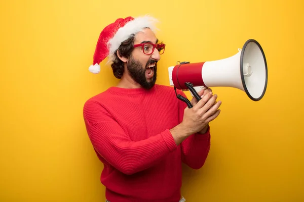 Young Crazy Bearded Man Wearing Red Glasses Santa Claus Hat — Stock Photo, Image