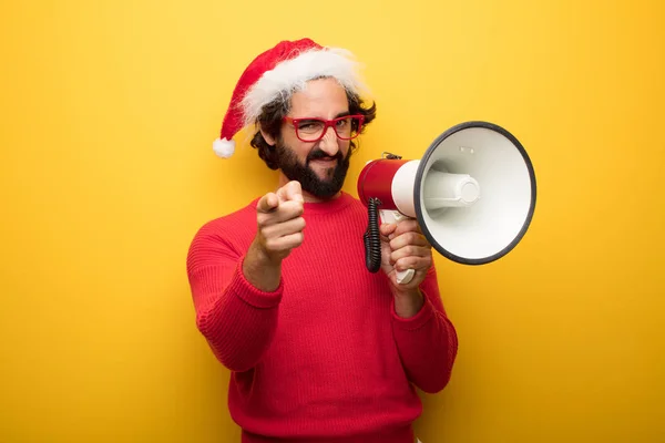 Young Crazy Bearded Man Wearing Red Glasses Santa Claus Hat — Stock Photo, Image