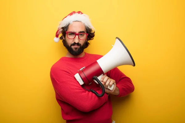 Young Crazy Bearded Man Wearing Red Glasses Santa Claus Hat — Stock Photo, Image