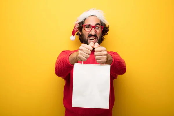 Young Crazy Bearded Man Wearing Red Glasses Santa Claus Hat — Stock Photo, Image